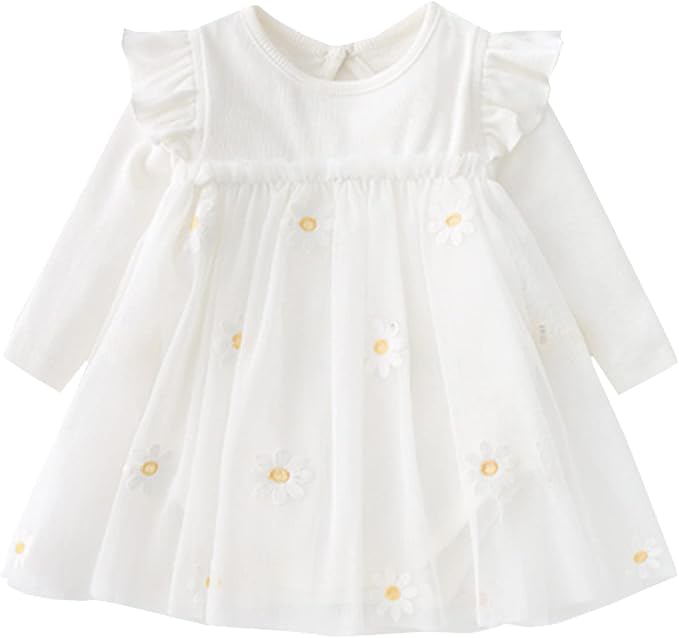 Set de îmbrăcăminte pentru bebeluș fetiță, cu mânecă lungă, cu volan, cu imprimeu cu margarete, din tul, fustă tutu, rochie dintr-o singură bucată, ținută de toamnă
